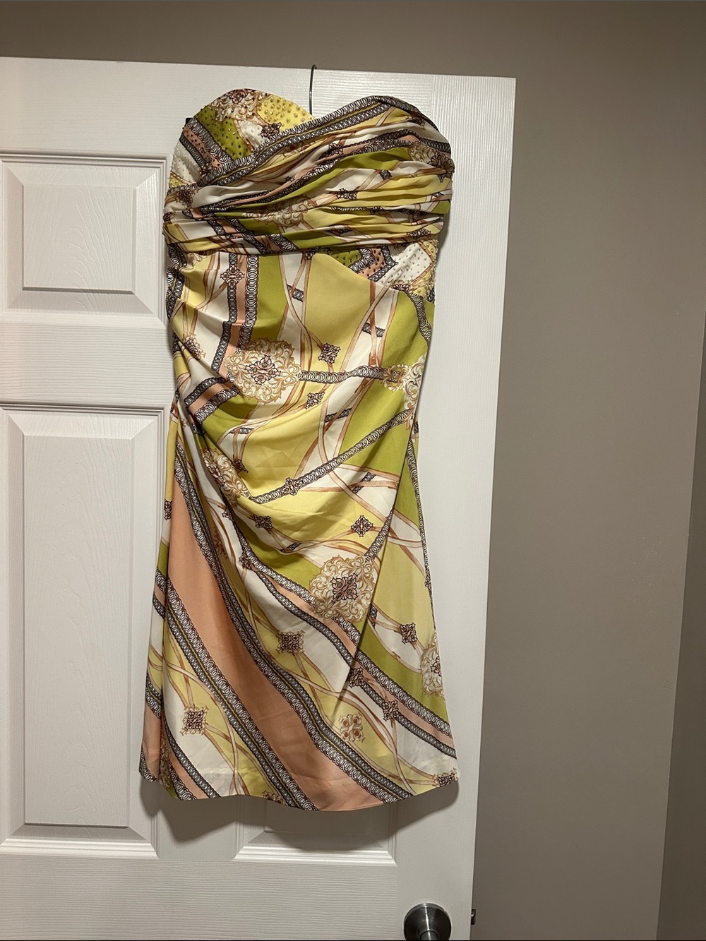 Kay Unger Strapless Ruched Bust Satin Cocktail Dress in Yellow, Olive & Peach